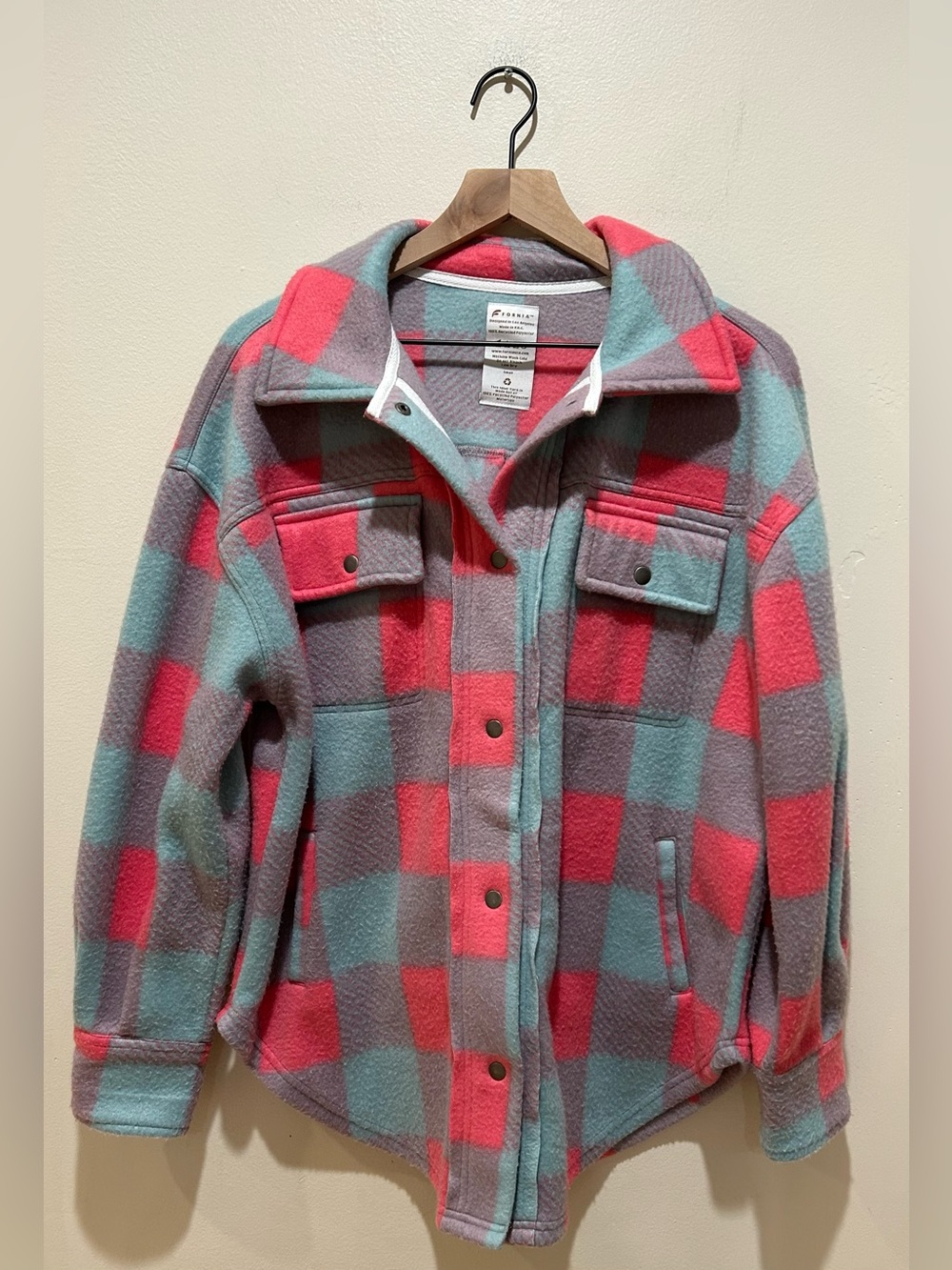 Fornia Pink & Teal Blue Plaid Checker Long Sleeve Shacket (Shirt Jacket) - Small